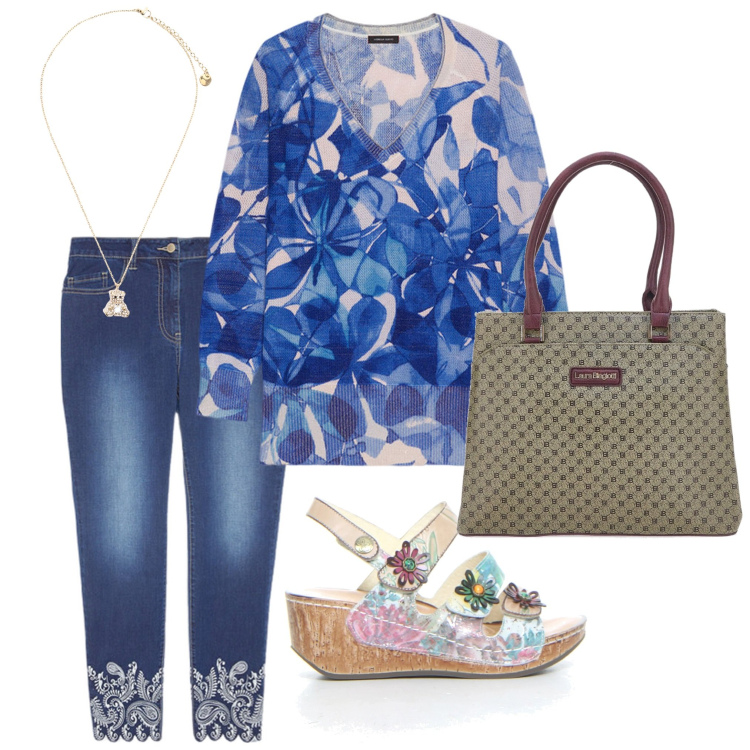 Outfit donna - Fiorella. Stile Casual per Tutti i giorni. Abbinamento con ciondoli, jeans skinny, maglieria, borse a spalla, sandali.