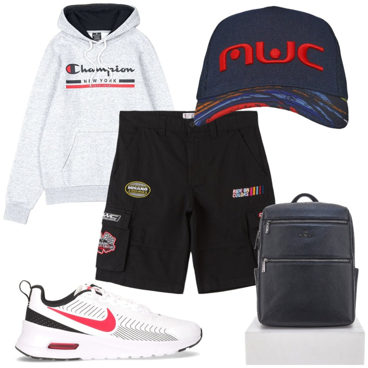 Outfit uomo - Total look #2228461. Stile Trendy per Tutti i giorni. Abbinamento con bermuda, cappelli, felpe con cappuccio, borse sportive, sneakers.