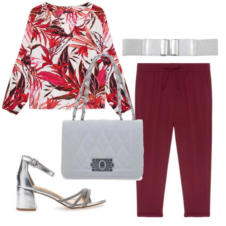 Outfit donna - Fiorella 2. Stile Casual chic per Tutti i giorni. Abbinamento con cinture, bluse, pantaloni, sandali col tacco, borse a tracolla.