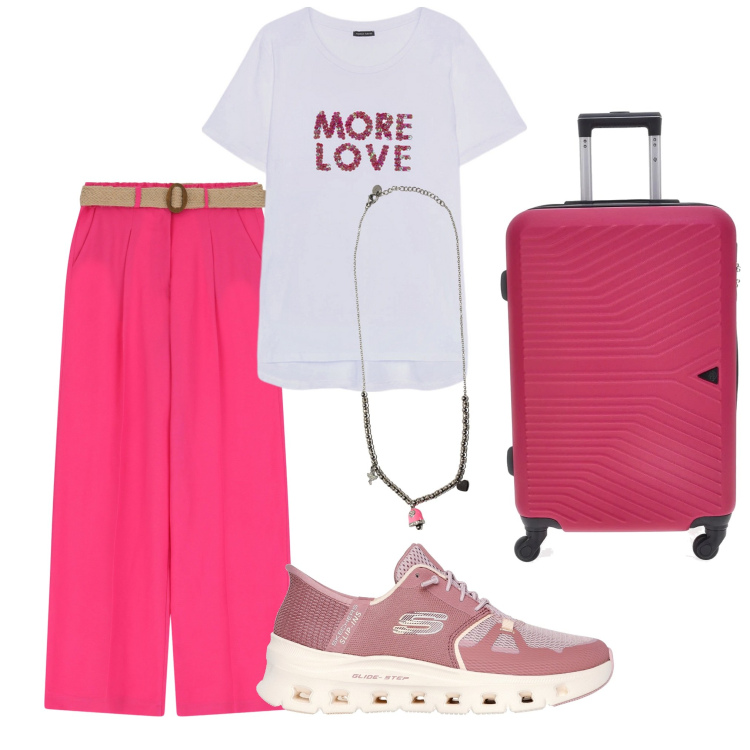Outfit donna - In viaggio 2. Stile Casual per Tutti i giorni. Abbinamento con pantaloni, ciondoli, t-shirt, sneakers, valigie.