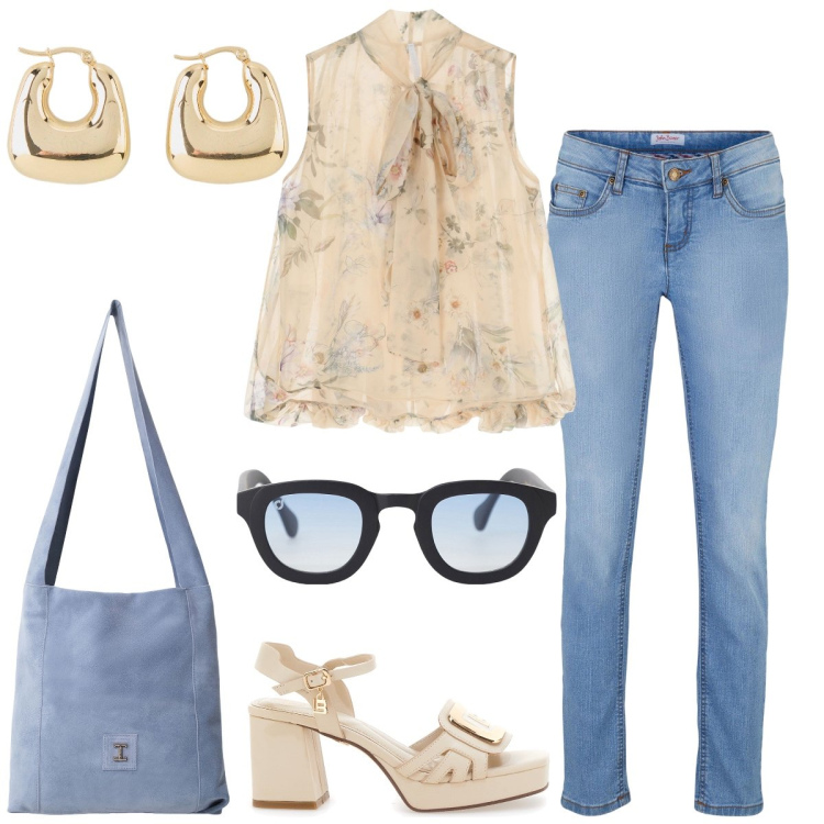 Outfit donna - Passeggiata. Stile Casual chic per Tutti i giorni. Abbinamento con orecchini, jeans skinny, occhiali da sole, camicie, borse a tracolla, sandali col tacco.