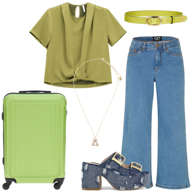 Outfit donna - In partenza. Stile Casual per Tutti i giorni. Abbinamento con jeans, cinture, bluse, ciondoli, sandali, valigie.