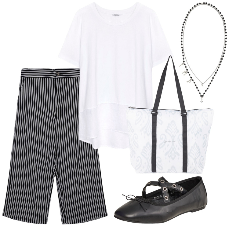 Outfit donna - Shopping in centro. Stile Casual per Tutti i giorni. Abbinamento con ballerine, pantaloni a palazzo, collane, shopping bag, bluse.