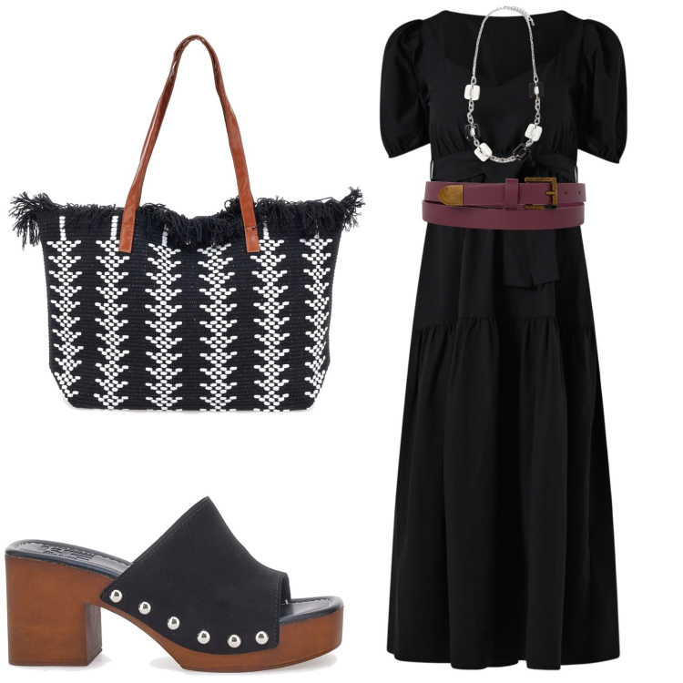 Outfit donna - La borsa di paglia. Stile Boho per Tutti i giorni. Abbinamento con vestiti lunghi, borse a spalla, cinture, zoccoli, collane.