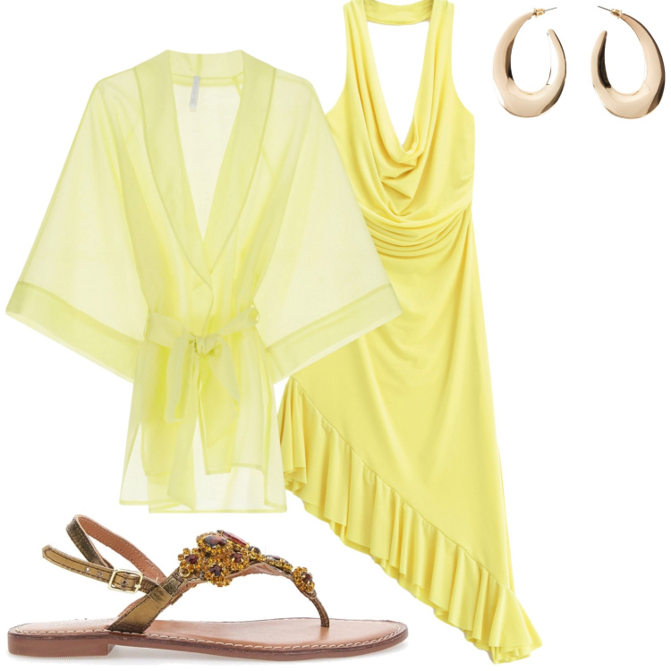 Outfit donna - Festa in spiaggia. Stile Chic per Serata fuori. Abbinamento con orecchini, vestiti asimmetrici, kimono, sandali gioiello.