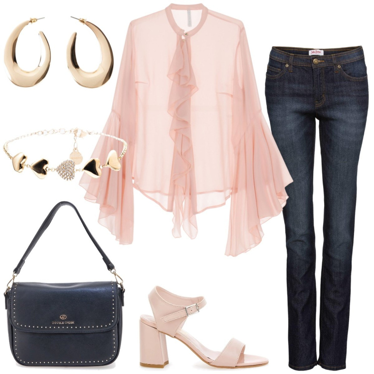 Outfit donna - Aperitivo. Stile Casual chic per Serata fuori. Abbinamento con jeans mom, orecchini, camicie, braccialetti, sandali col tacco, borse a tracolla.