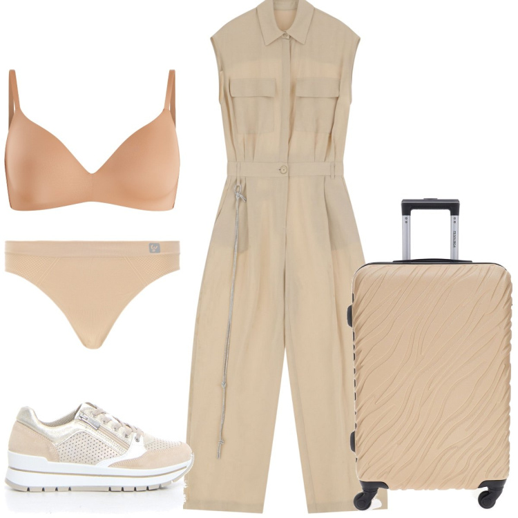 Outfit donna - In partenza. Stile Casual per Tutti i giorni. Abbinamento con reggiseni a balconcino, tute, perizomi, valigie, sneakers.