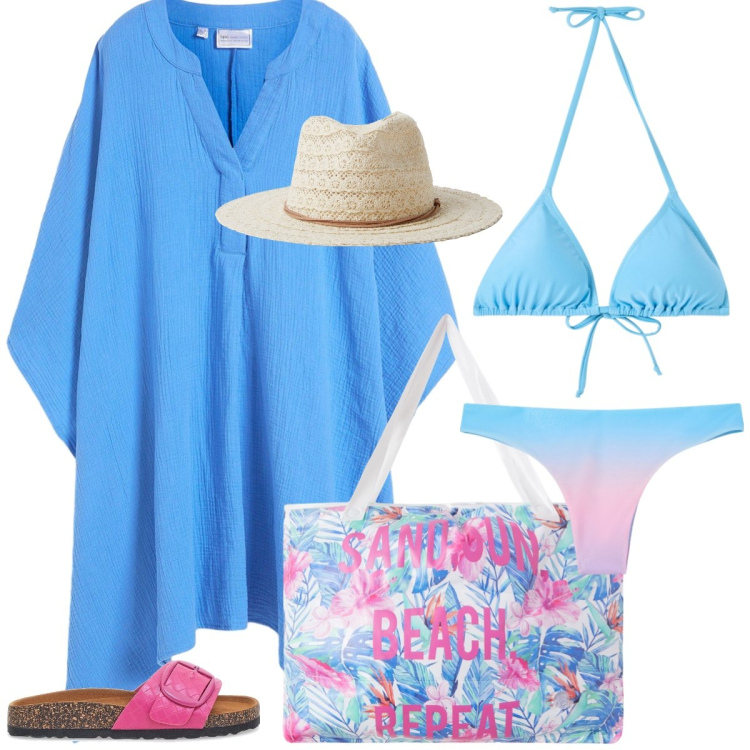 Outfit donna - Total look #2228493. Stile Romantica per Mare. Abbinamento con vestiti da spiaggia, cappelli, borse tote, bikini, bikini, ciabatte.
