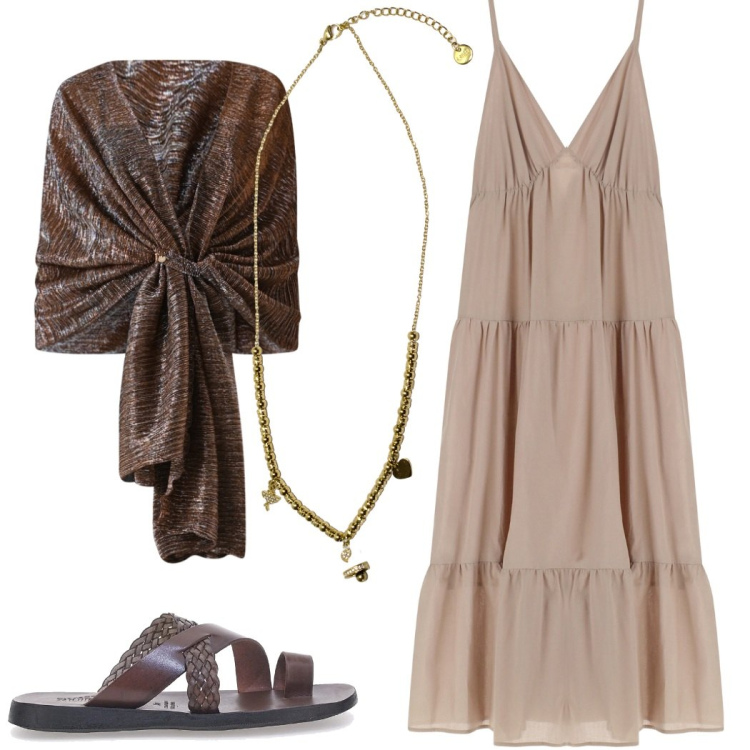 Outfit donna - Festa in spiaggia. Stile Casual chic per Serata fuori. Abbinamento con stole, vestiti lunghi, ciondoli, ciabatte.