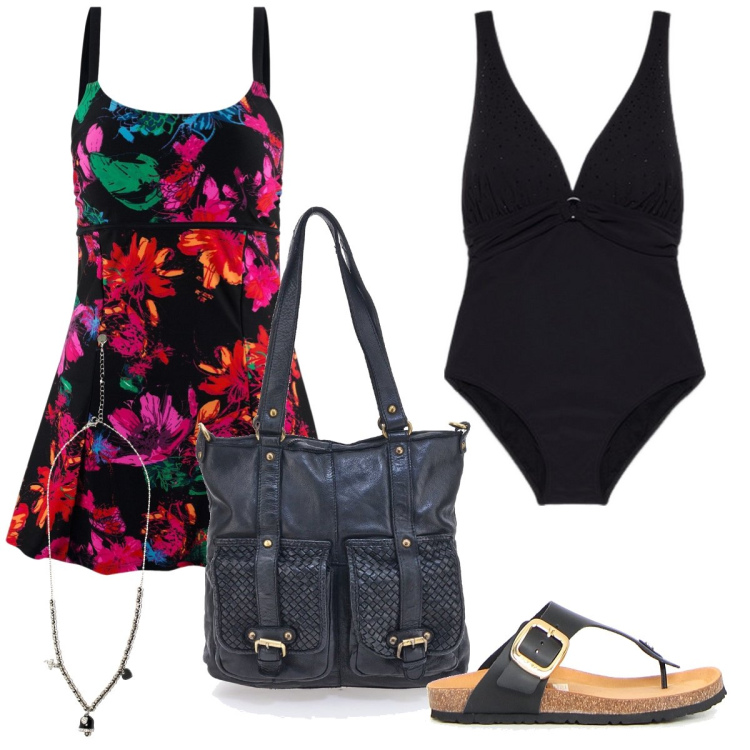 Outfit donna - Al mare. Stile Chic per Mare. Abbinamento con vestiti da spiaggia, ciondoli, bikini, borse a spalla, infradito.