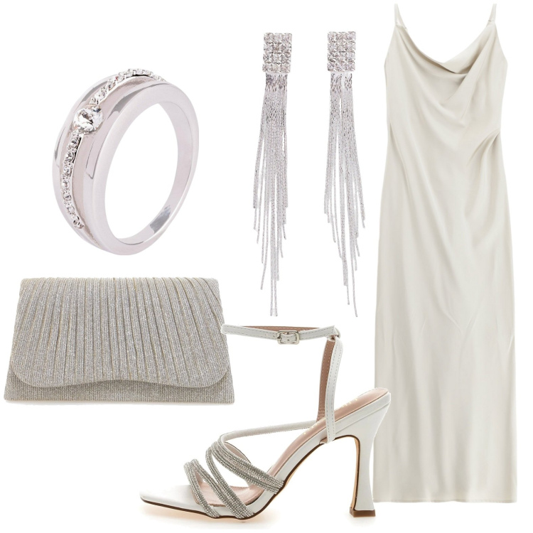 Outfit donna - Festa di matrimonio in spiaggia. Stile Chic per Cerimonia. Abbinamento con orecchini, anelli, vestiti lunghi, sandali gioiello, clutch.