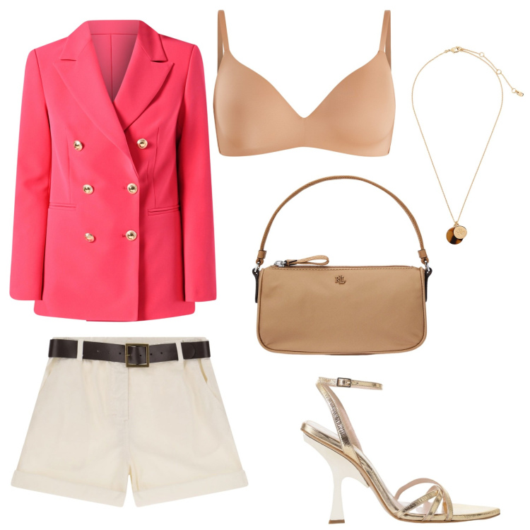 Outfit donna - Essenziale. Stile Casual chic per Serata fuori. Abbinamento con reggiseni a balconcino, blazer, shorts, sandali col tacco, collane, pochette.