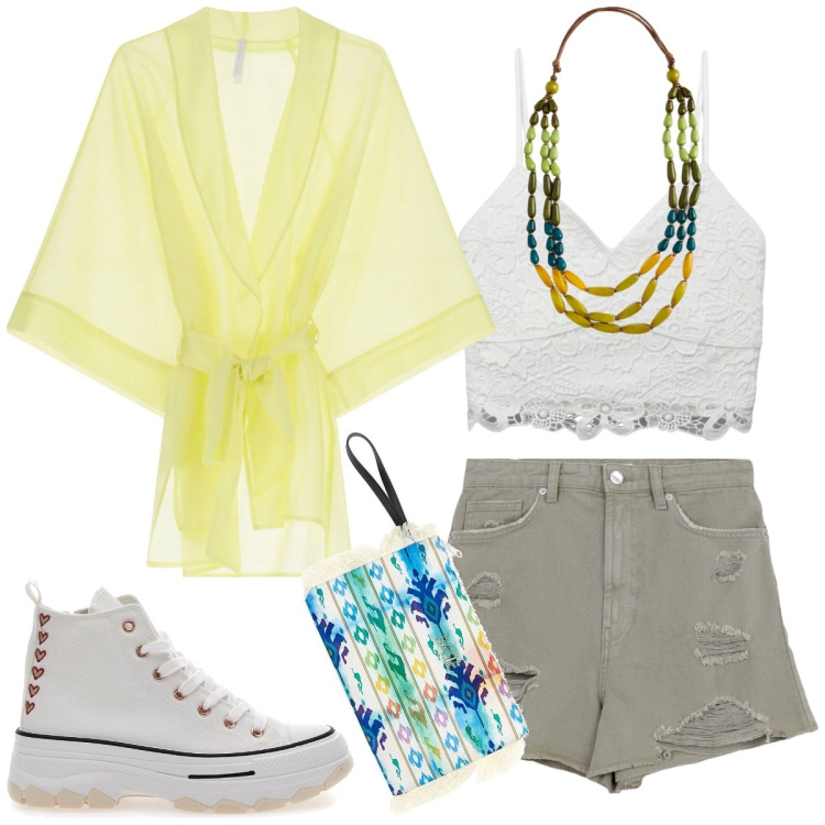 Outfit donna - Ferragosto al lago. Stile Sporty chic per Tutti i giorni. Abbinamento con canottiere, shorts, kimono, sneakers, collane, pochette.