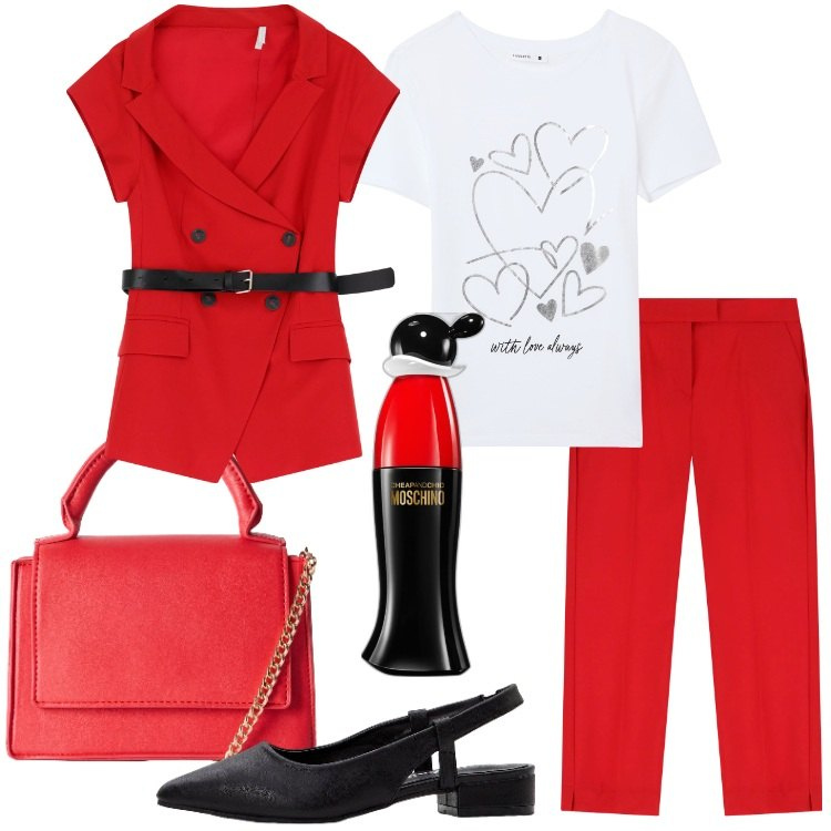 Outfit donna - Si torna in ufficio. Stile Casual chic per Ufficio. Abbinamento con décolleté, profumi, t-shirt, borse a tracolla, pantaloni corti, blazer.