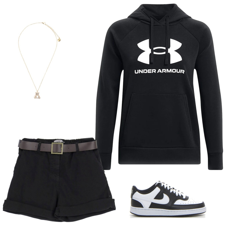 Outfit donna - Sportiva black. Stile Sporty chic per Sport. Abbinamento con shorts, ciondoli, felpe con cappuccio, sneakers.