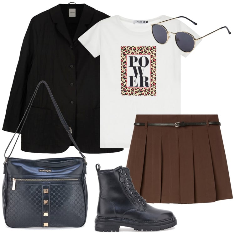 Outfit donna - Ritorno a scuola. Stile Casual per Scuola/Università. Abbinamento con occhiali da sole, minigonne, t-shirt, anfibi, borse a tracolla, blazer.