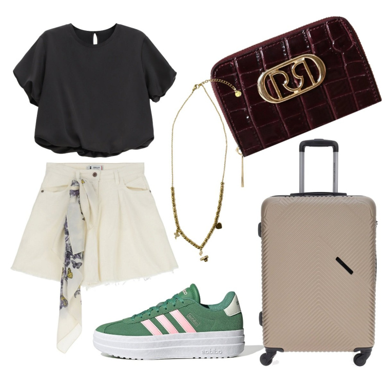 Outfit donna - Tempo di vacanza. Stile Casual chic per Mare. Abbinamento con portafogli, shorts, camicie a manica corta, ciondoli, valigie, sneakers.
