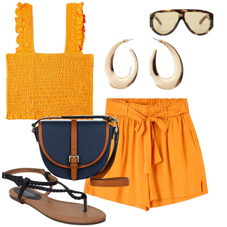 Outfit donna - Arancio. Stile Basic per Tutti i giorni. Abbinamento con orecchini, shorts, top, ciabatte, borse a tracolla, occhiali da sole.