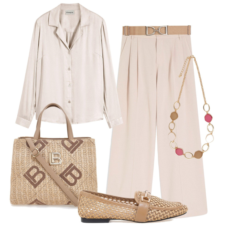 Outfit donna - La borsa in paglia elegante. Stile Glamour per Tutti i giorni. Abbinamento con camicie, pantaloni, cinture, collane, mocassini, borse a tracolla.