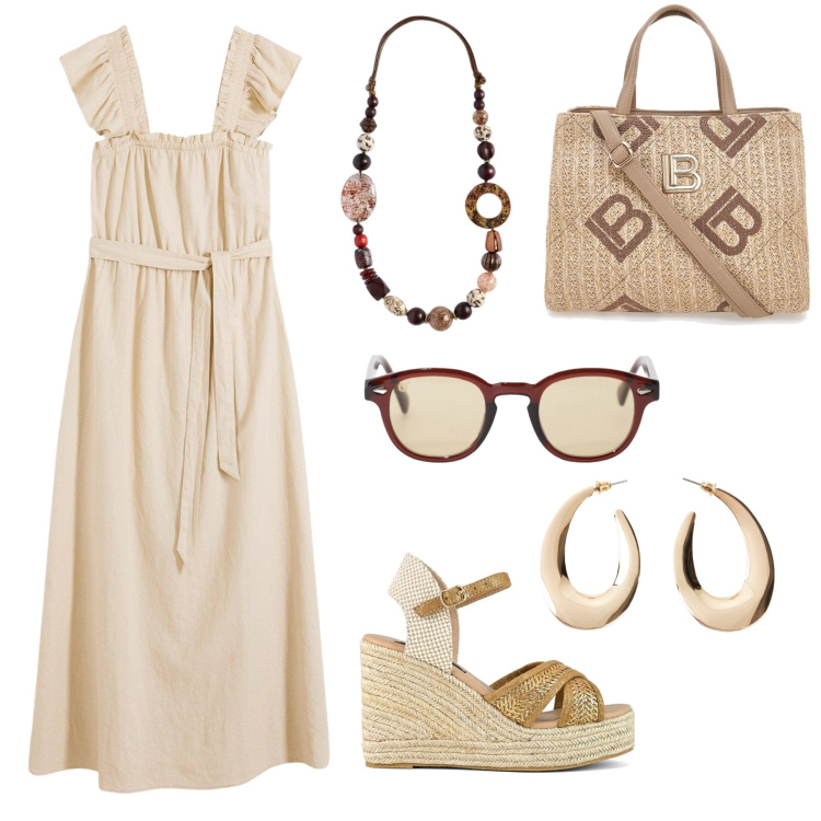 Outfit donna - Una serata d\'estate. Stile Boho per Serata fuori. Abbinamento con vestiti lunghi, orecchini, occhiali da sole, zeppe, borse a tracolla, collane.