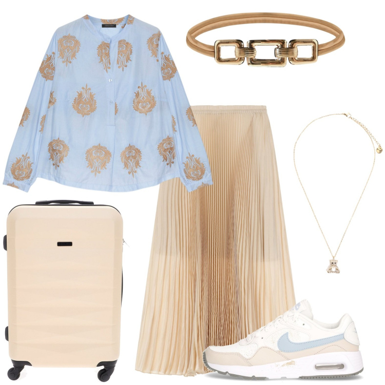 Outfit donna - Total look #2228528. Stile Bon Ton per Tutti i giorni. Abbinamento con cinture, gonne lunghe, ciondoli, sneakers, bluse, valigie.