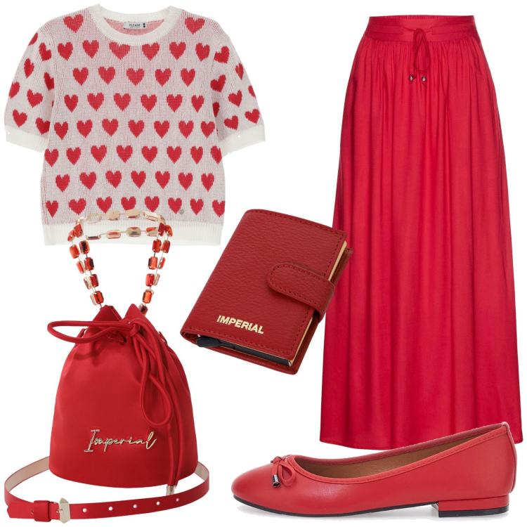 Outfit donna - Total look #2228531. Stile Sporty chic per Serata fuori. Abbinamento con gonne lunghe, maglieria, borse a secchiello, portafogli, ballerine.