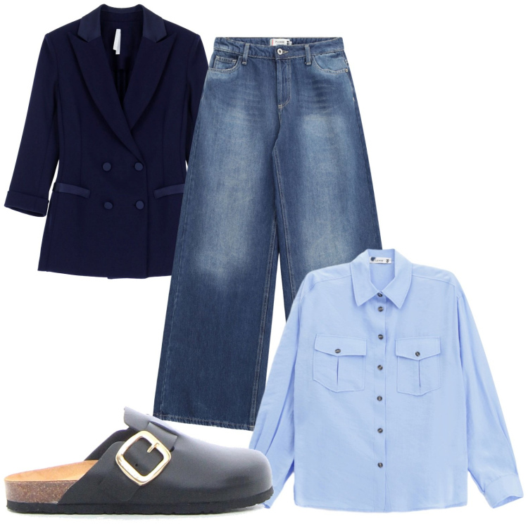 Outfit donna - Total look #2228532. Stile Mannish per Serata fuori. Abbinamento con jeans, camicie, blazer, ciabatte.