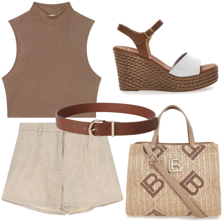 Outfit donna - Passeggiata a Siderno. per Tutti i giorni. Abbinamento con cinture, canottiere, pantaloni corti, sandali, borse a tracolla.
