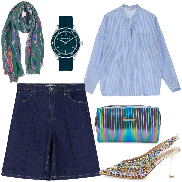 Outfit donna - Total look #2228542. Stile Glamour per Tutti i giorni. Abbinamento con shorts, camicie, orologi, foulard, décolleté, valigie.