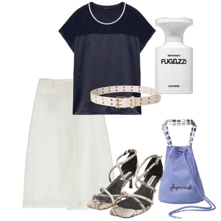 Outfit donna - Agosto. Stile Casual chic per Tutti i giorni. Abbinamento con profumi, sandali col tacco, cinture, borse a secchiello, pantaloni, top.