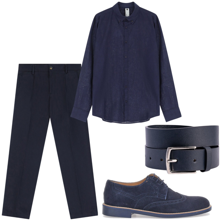 Outfit uomo - Blu per la sera. Stile Business/Elegante per Serata speciale. Abbinamento con camicie, pantaloni chino, cinture, scarpe stringate.