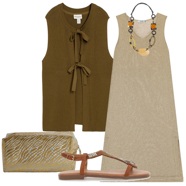 Outfit donna - Festa in spiaggia. Stile Casual chic per Serata fuori. Abbinamento con cardigans, pochette, vestiti midi/longuette, sandali gioiello, collane.