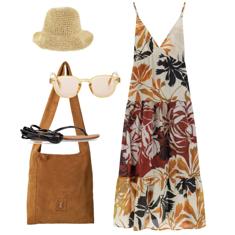 Outfit donna - Tour. Stile Romantica per Tutti i giorni. Abbinamento con cappelli, vestiti lunghi, occhiali da sole, borse a tracolla, sandali alla schiava.