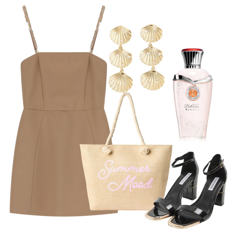 Outfit donna - Agosto. Stile Chic per Tutti i giorni. Abbinamento con profumi, orecchini, sabot, borse tote, vestiti corti.