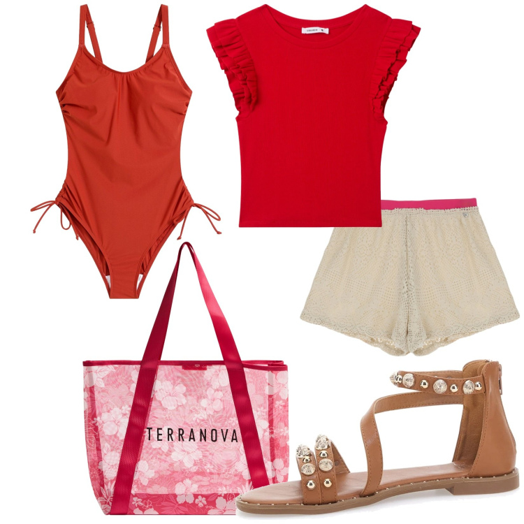 Outfit donna - Ferragosto in spiaggia. Stile Casual per Mare. Abbinamento con costumi interi, shopping bag, t-shirt, shorts, sandali.