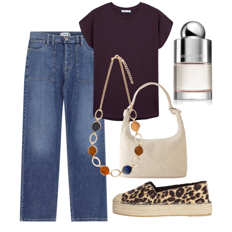 Outfit donna - Casual. Stile Casual per Tutti i giorni. Abbinamento con shopping bag, profumi, t-shirt, espadrillas, jeans dritti, collane.
