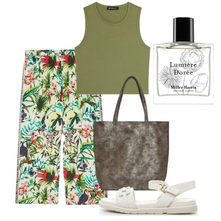 Outfit donna - Florage. Stile Bon Ton per Tutti i giorni. Abbinamento con profumi, borse tote, top, pantaloni, sandali.