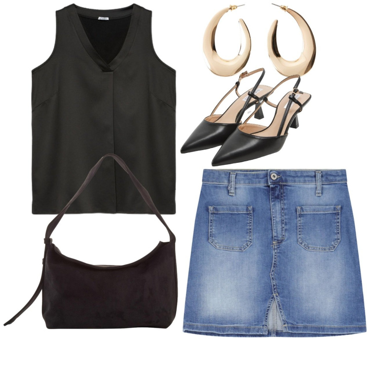 Outfit donna - Serata. Stile Casual chic per Tutti i giorni. Abbinamento con orecchini, borse a mano, sabot, minigonne, top.