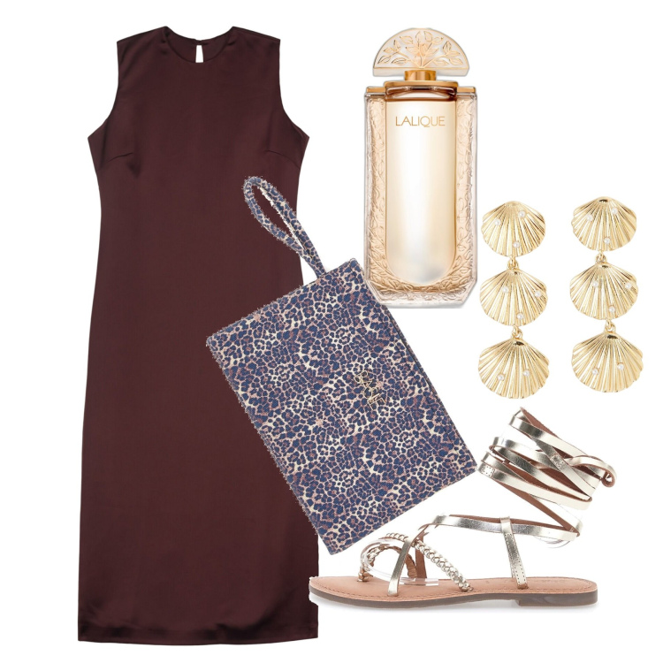 Outfit donna - Agosto. Stile Minimal per Serata fuori. Abbinamento con profumi, orecchini, vestiti midi/longuette, pochette, sandali alla schiava.