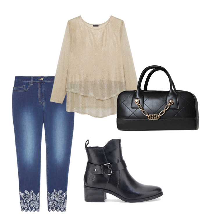 Outfit donna - Total look #2228595. Stile Casual chic per Serata fuori. Abbinamento con borse a mano, t-shirt, jeans skinny, stivali sopra il ginocchio.