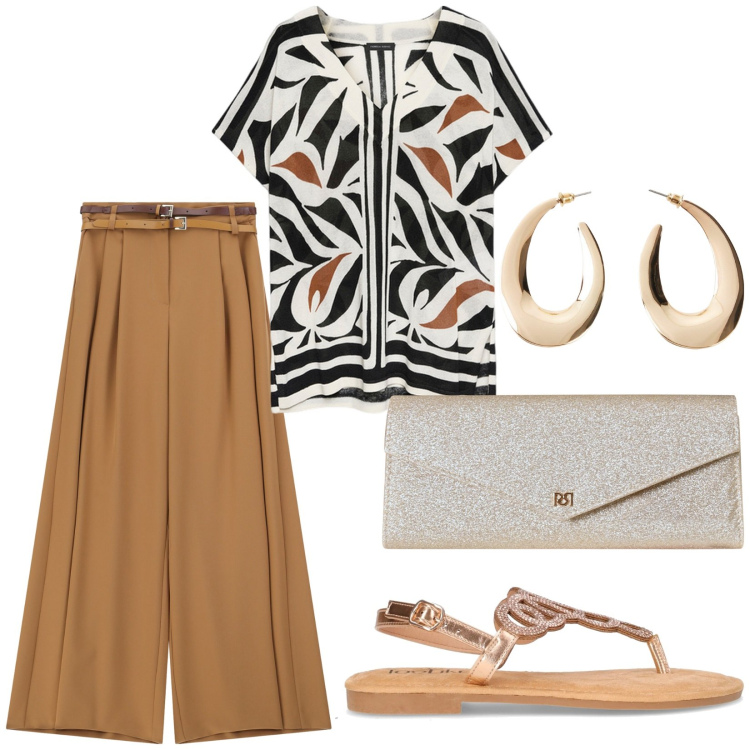 Outfit donna - Total look #2228597. Stile Etnico per Serata fuori. Abbinamento con orecchini, pochette, pantaloni, bluse, sandali in pelle.