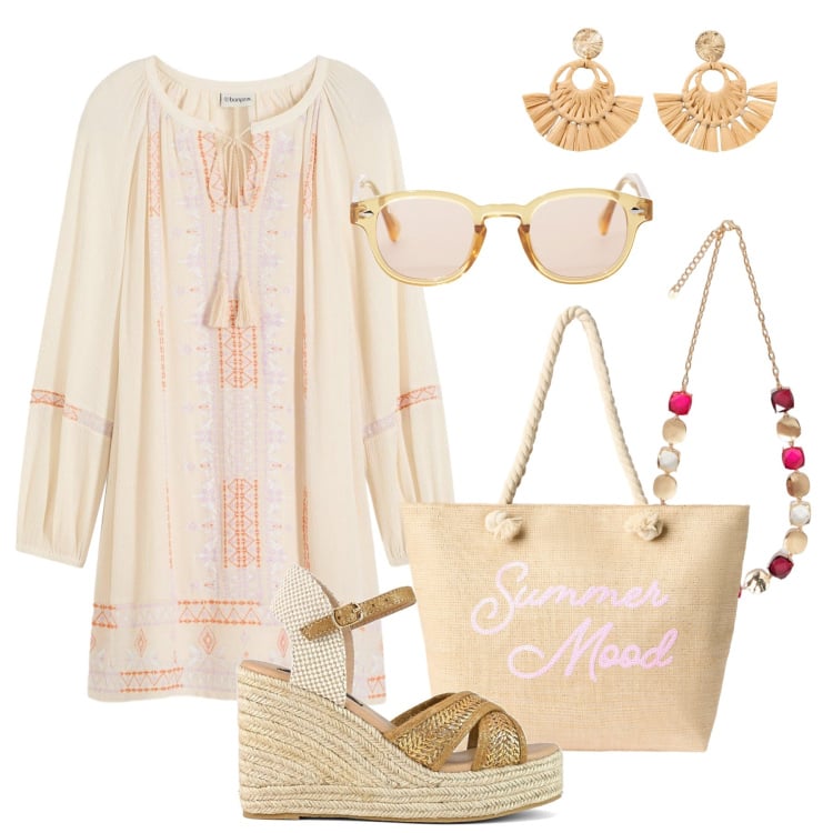 Outfit donna - Borsa in paglia city boho-@ambrosiajsi. Stile Boho per Tutti i giorni. Abbinamento con vestiti corti, orecchini, borse tote, occhiali da sole, zeppe, collane.