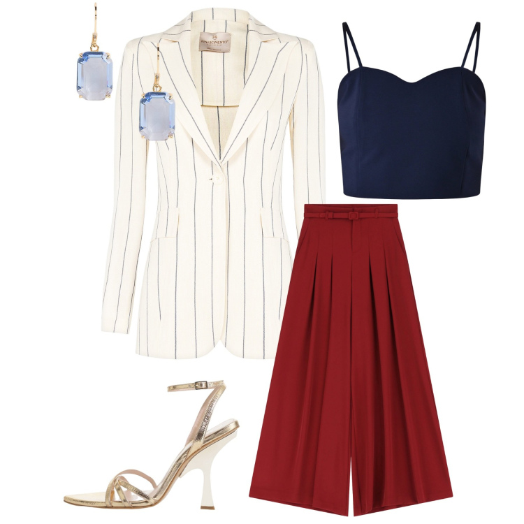 Outfit donna - Elegant woman. Abbinamento con blazer, canottiere, pantaloni a palazzo, sandali col tacco, orecchini.