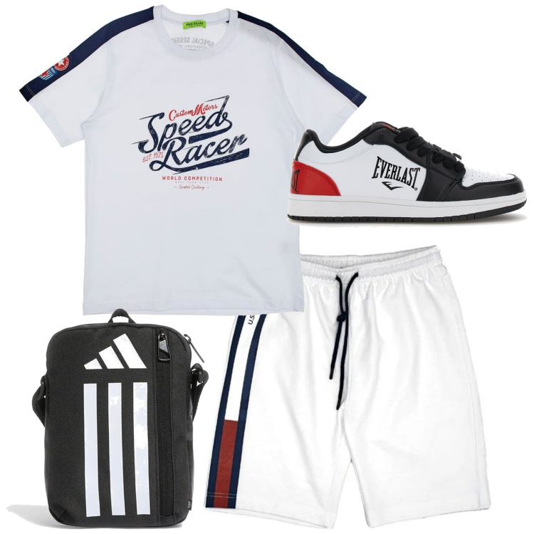 Outfit uomo - Total look #2228620. Stile Casual per Tutti i giorni. Abbinamento con t-shirt, pantaloni corti, sneakers, borse sportive.
