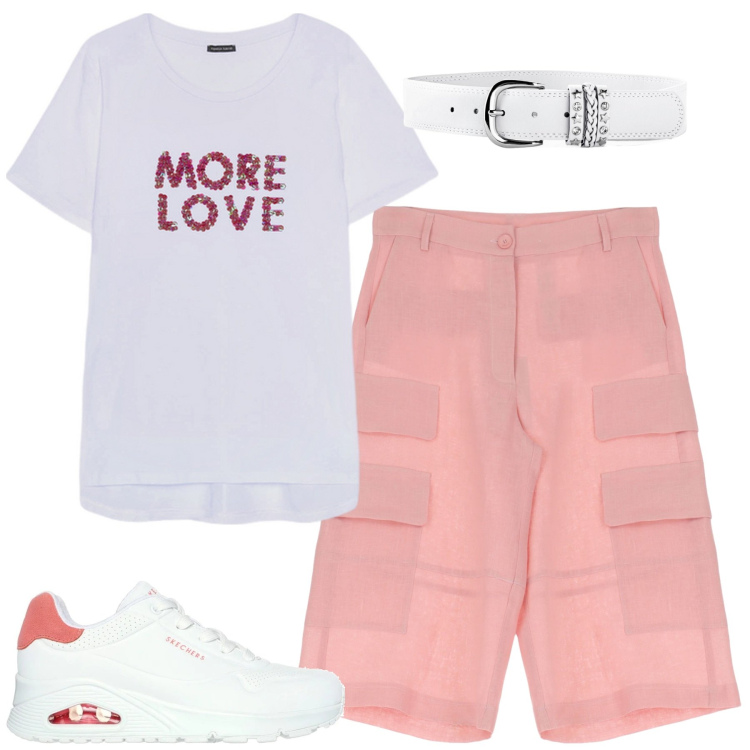 Outfit donna - City. Stile Casual per Tutti i giorni. Abbinamento con cinture, shorts, sneakers, t-shirt.