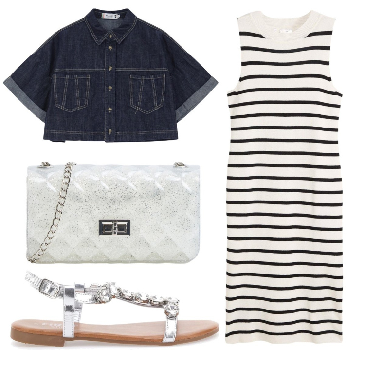 Outfit donna - Festa in spiaggia. Stile Casual chic per Serata fuori. Abbinamento con vestiti, borse a tracolla, blazer, sandali gioiello.