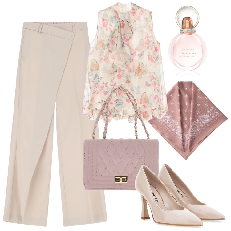Outfit donna - Cerimonia informale. Stile Glamour per Cerimonia. Abbinamento con profumi, pantaloni, camicie, décolleté, borse a tracolla, foulard.