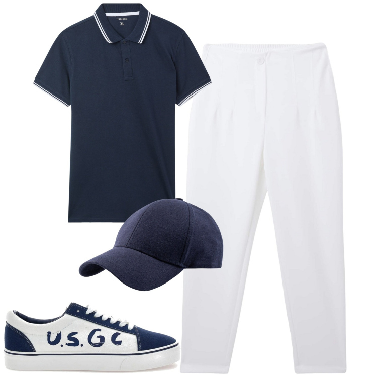 Outfit uomo - Agosto. Stile Urban per Tutti i giorni. Abbinamento con pantaloni chino, polo, cappelli con visiera, sneakers.
