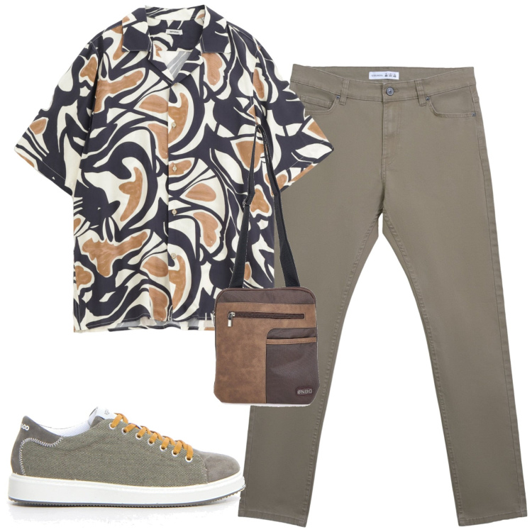 Outfit uomo - Agosto. Stile Urban per Tutti i giorni. Abbinamento con pantaloni skinny, camicie a manica corta, borse sportive, sneakers.