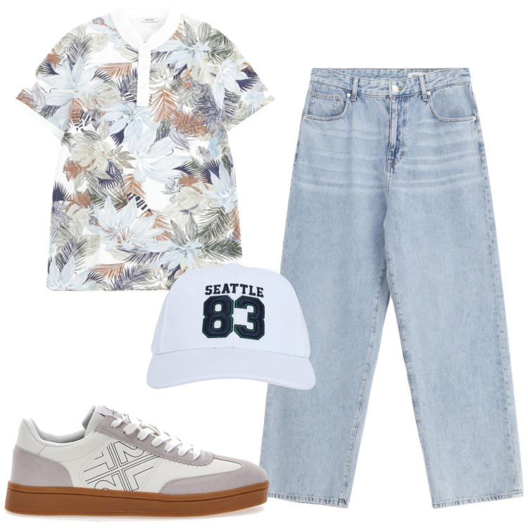 Outfit uomo - Agosto. Stile Casual per Tutti i giorni. Abbinamento con cappelli, jeans, polo, sneakers.